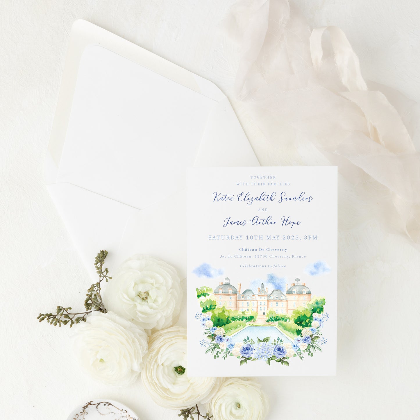 dusty blue hydrangea wedding stationery set with custom venue illustration