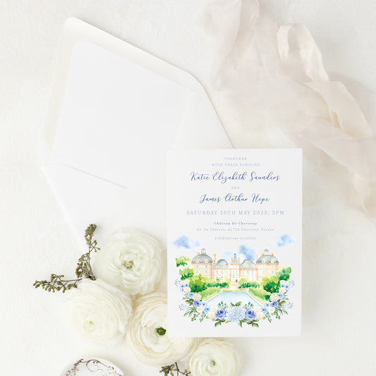 blue hydrangea wedding invitation with custom venue illustration