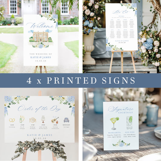 Blue hydrangea wedding sign set with welcome sign, table plan, order of the day, and signature cocktail sign