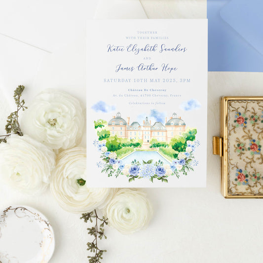 blue hydrangea wedding invitation with custom venue illustration