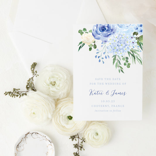 wedding save the date card with blue hydrangea watercolour illustration
