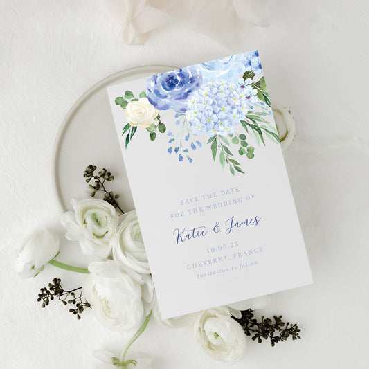 wedding save the date card with blue hydrangea watercolour illustration