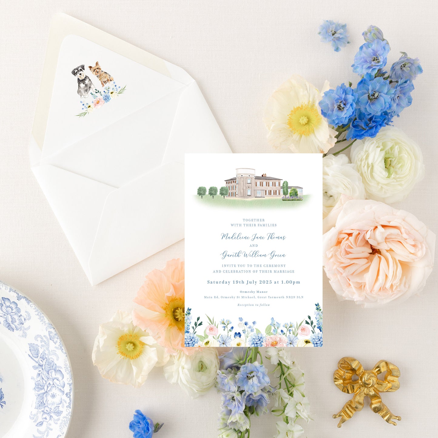 blue wildflower illustration with custom venue illustration and envelope liner