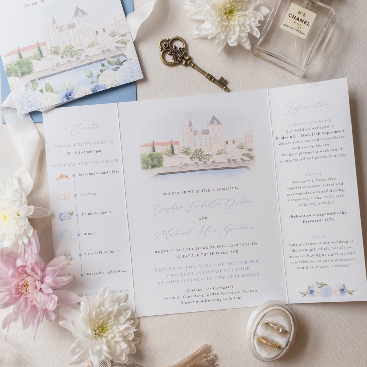 Blue Chateau folded wedding invitation inside details