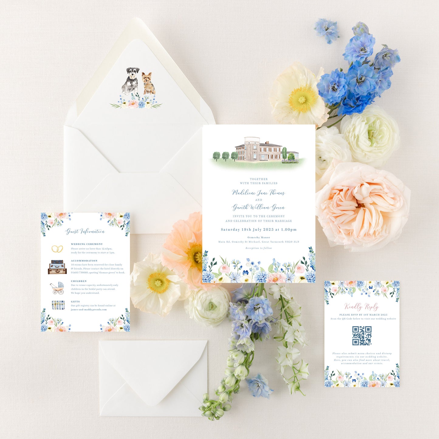 blue wildflower wedding invitation set with custom venue illustration