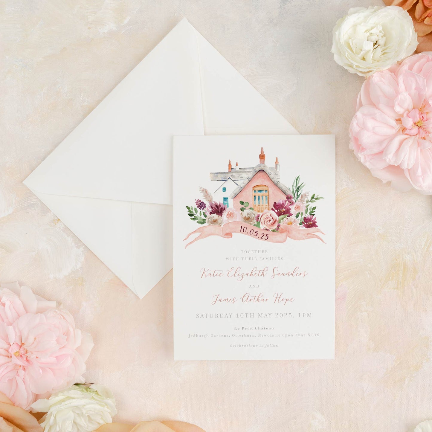 blush pink wedding invitation with custom venue illustration