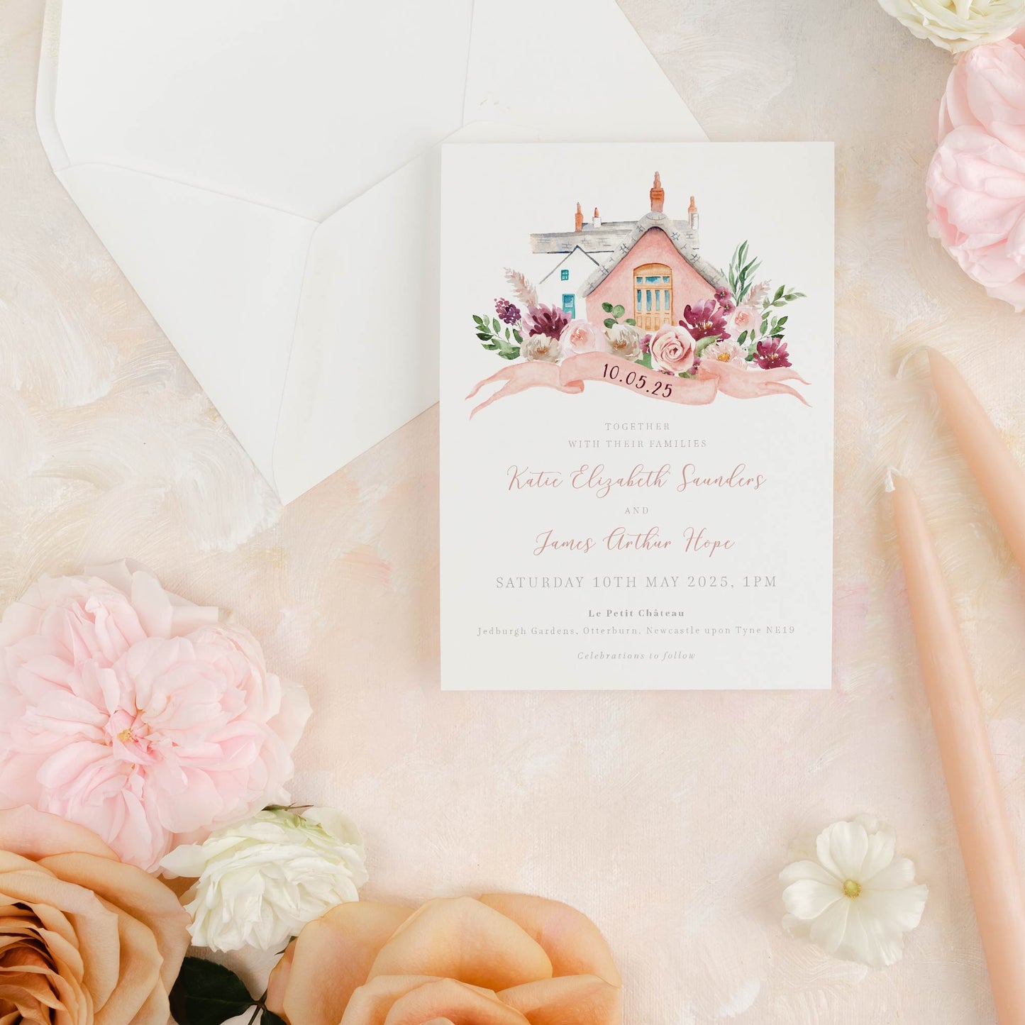 blush pink wedding invitation with watercolour venue illustration
