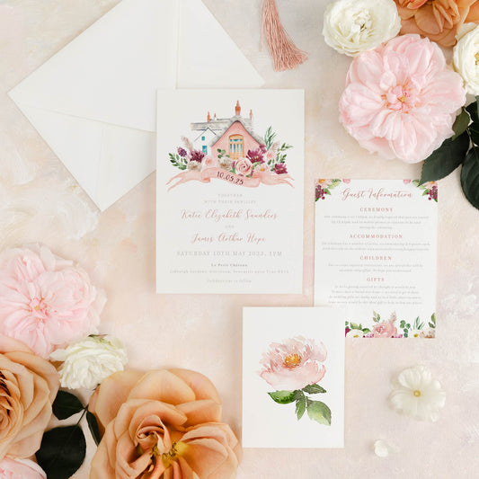 blush pink venue illustration wedding invitation essentials