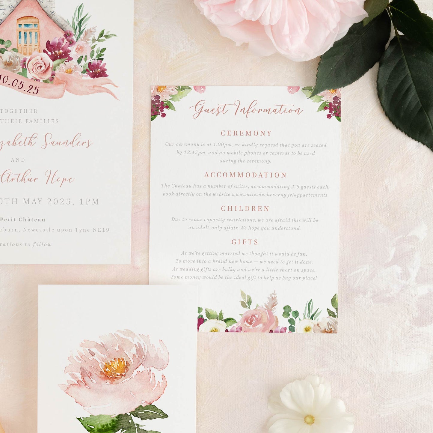 blush pink wedding details card