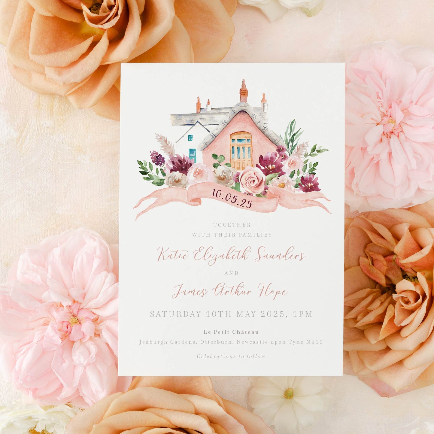 blush pink wedding invitation with custom venue illustration