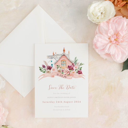 blush pink wedding save the date card with custom venue illustration