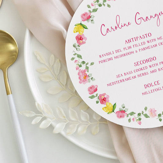 Bright Floral Wedding Menu with Lemons