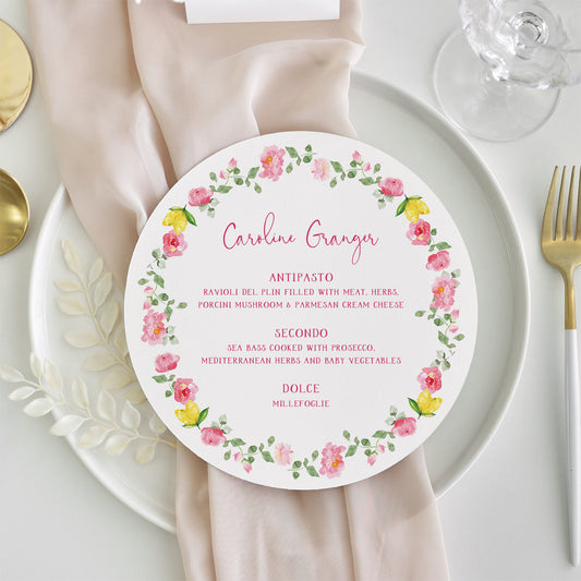 Bright Floral Wedding Menu with Lemons