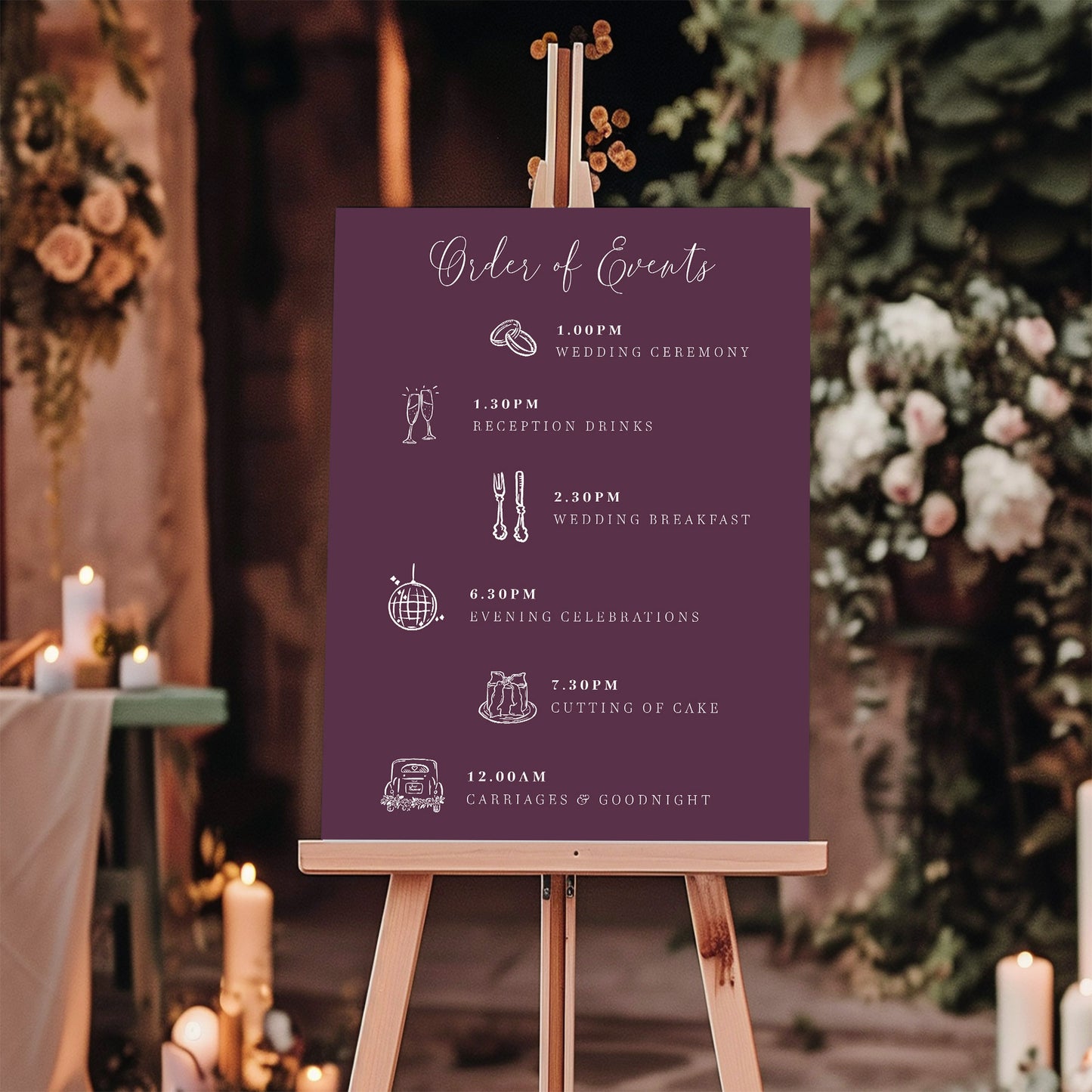 wedding order of events burgundy sign
