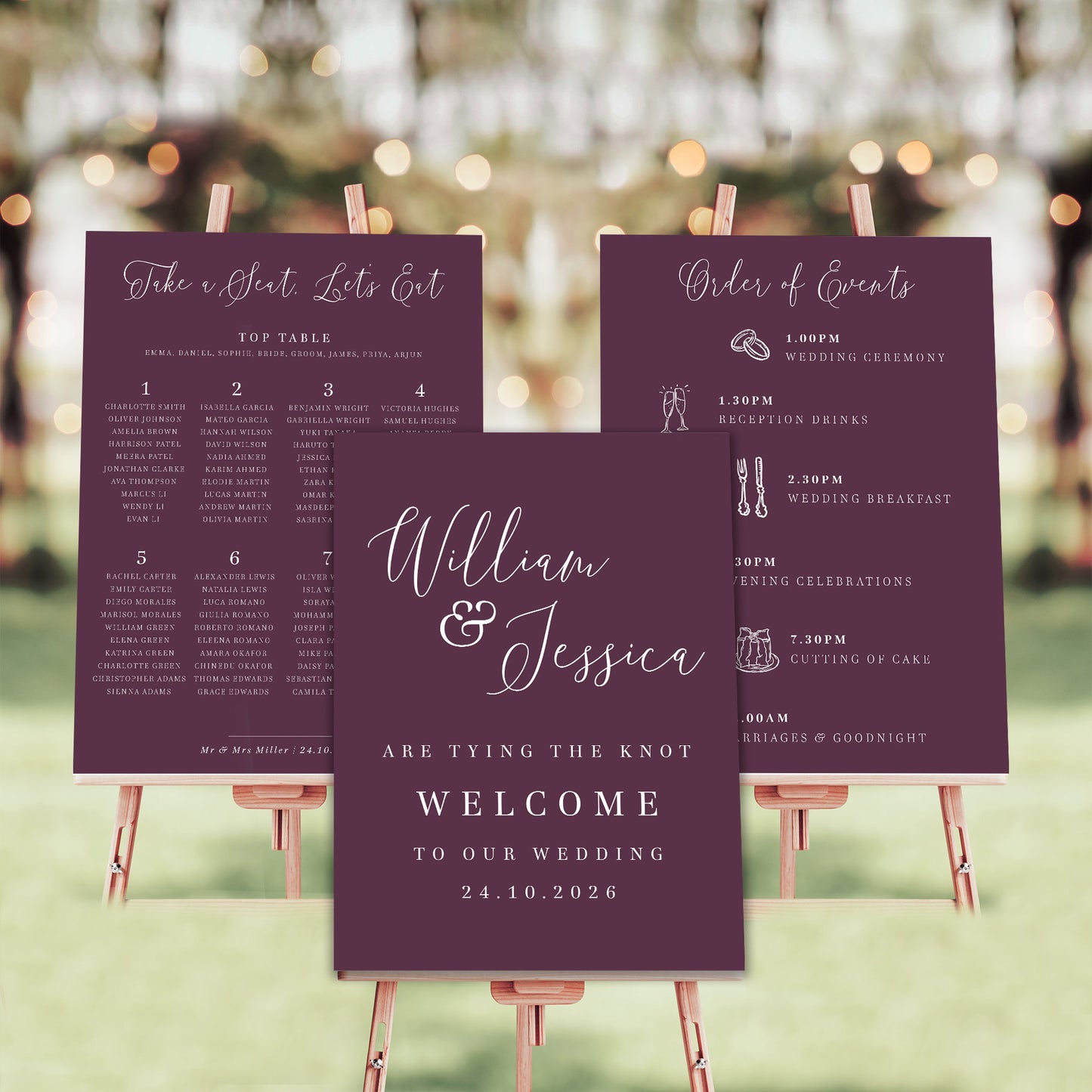 burgundy wedding sign bundle welcome sign order of events table plan