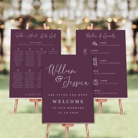burgundy wedding sign bundle welcome sign order of events table plan