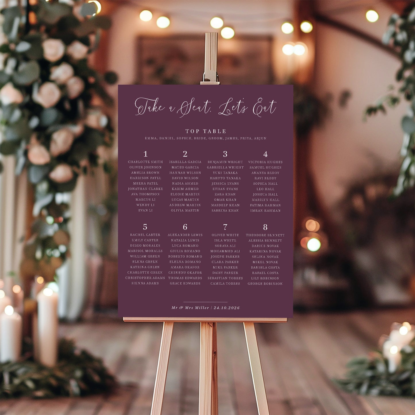 wedding table plan sign burgundy