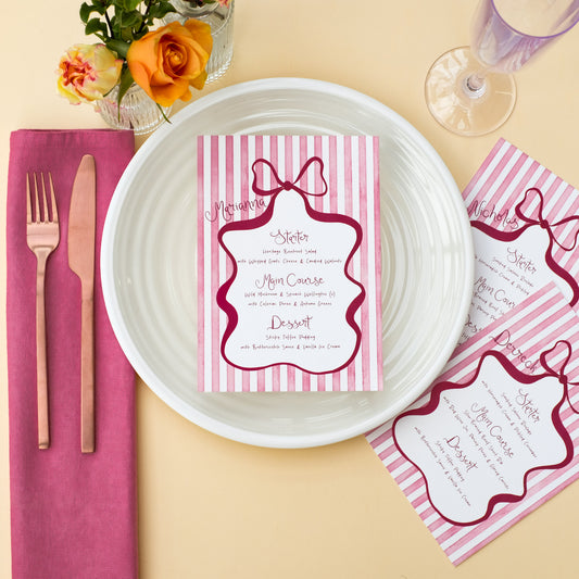 wedding menu with guest name and burgundy stripes