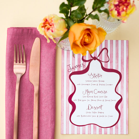 burgundy stripe wedding menu with bow
