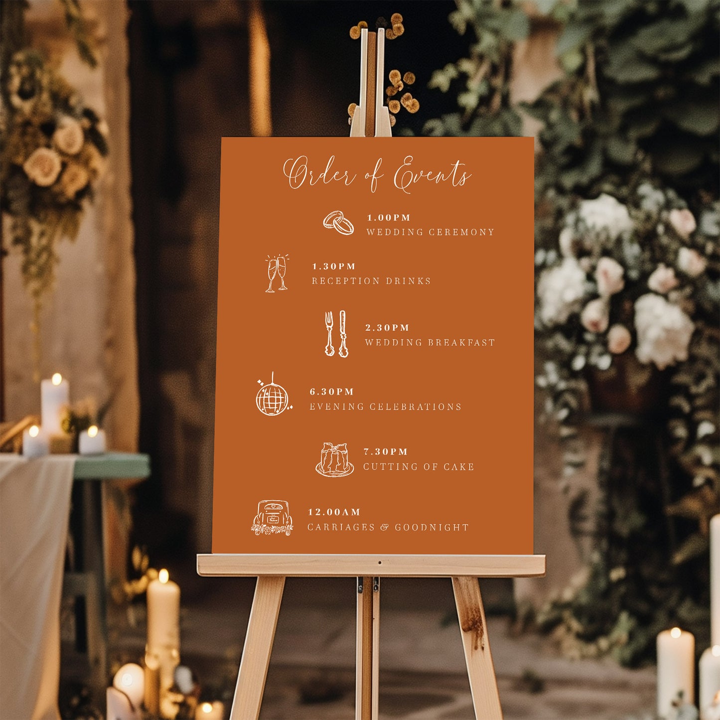 burnt orange order of events wedding sign