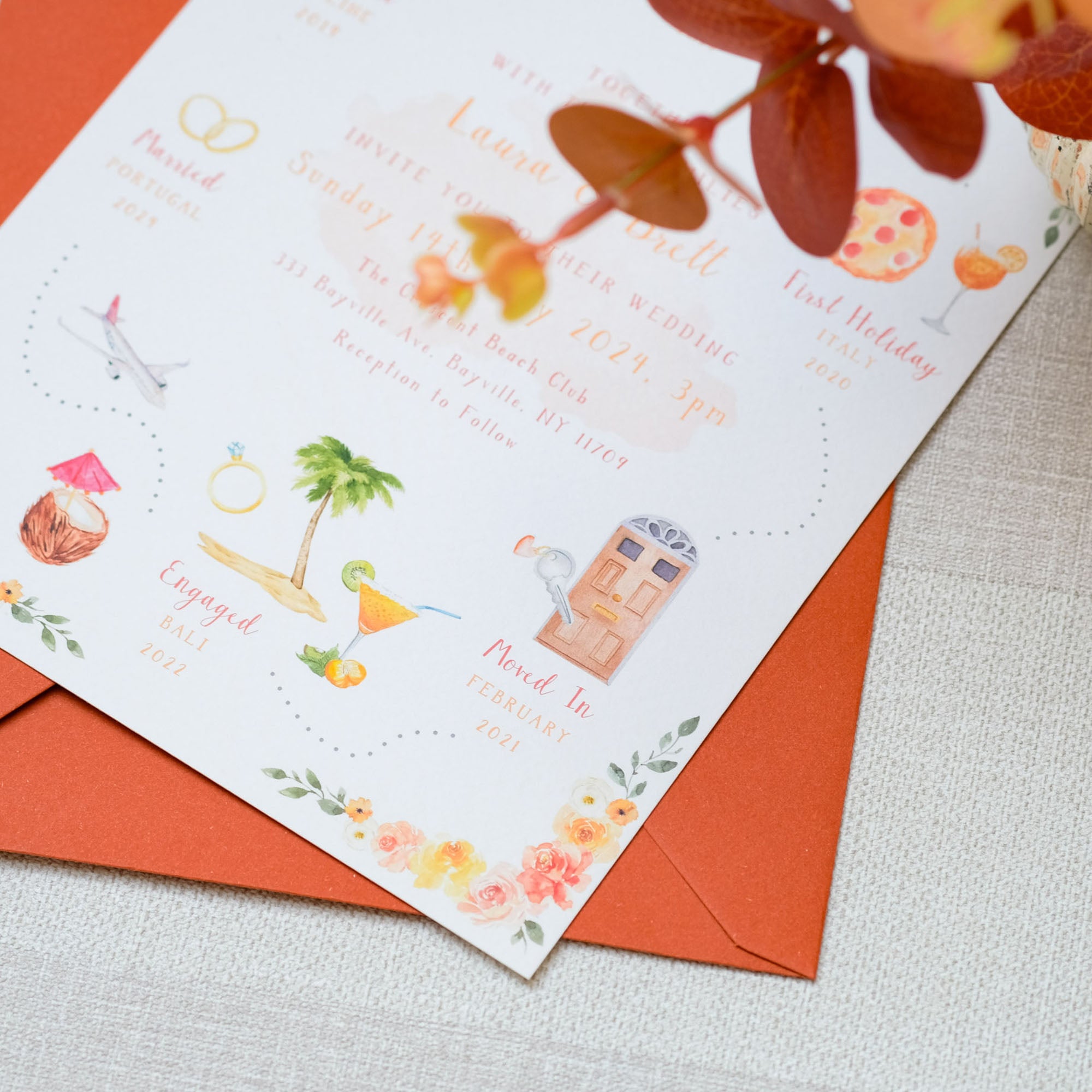 Peronalised wedding invitations with hand painted illustrations of the story of your relationship, orange theme wedding invitations