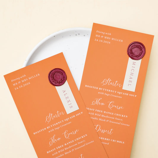 burnt orange wedding menu with guest name
