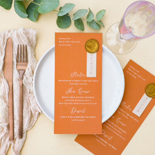 burnt orange wedding menu placecard keepsake with guest name