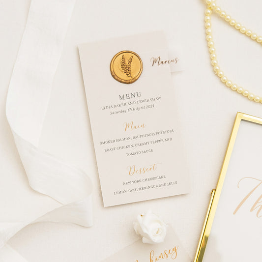 Personalised Menu With Gold Wax Seal