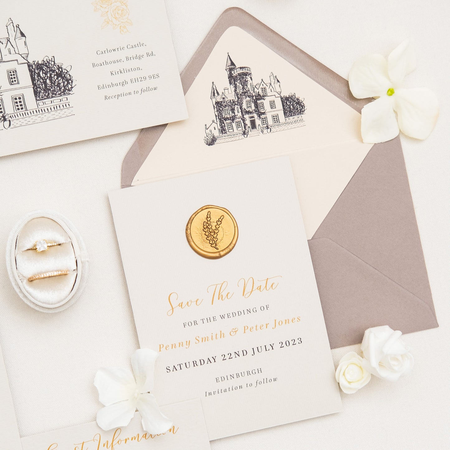 Save The Date With Gold Wax Seal And Venue Illustration