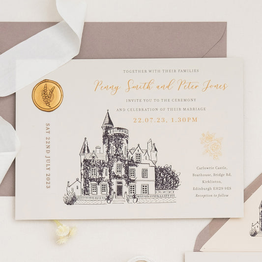 Invitation With Gold Wax Seal And Venue lllustration