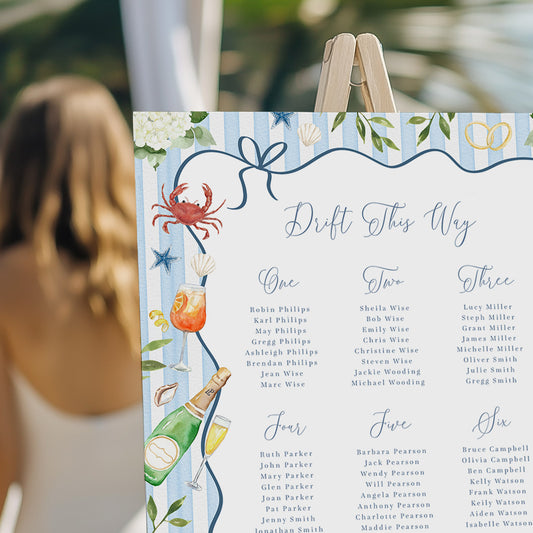 Wedding table plan with coastal theme and lobsters