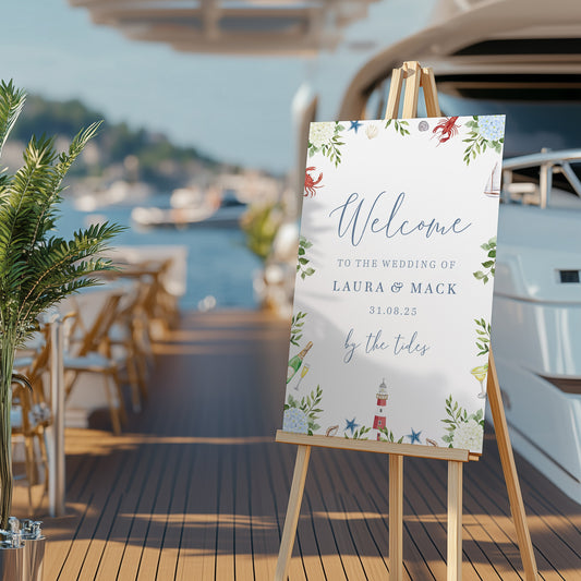Coastel wedding welcome sign with hydrangeas and lobsters