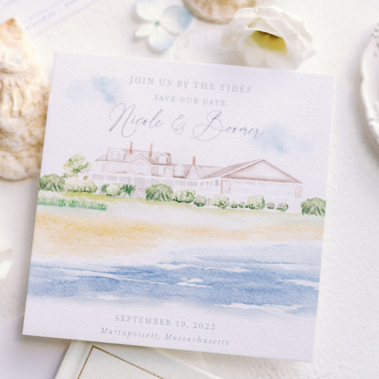 coastal wedding invitations with hand painted illustration of shining tides wedding venue