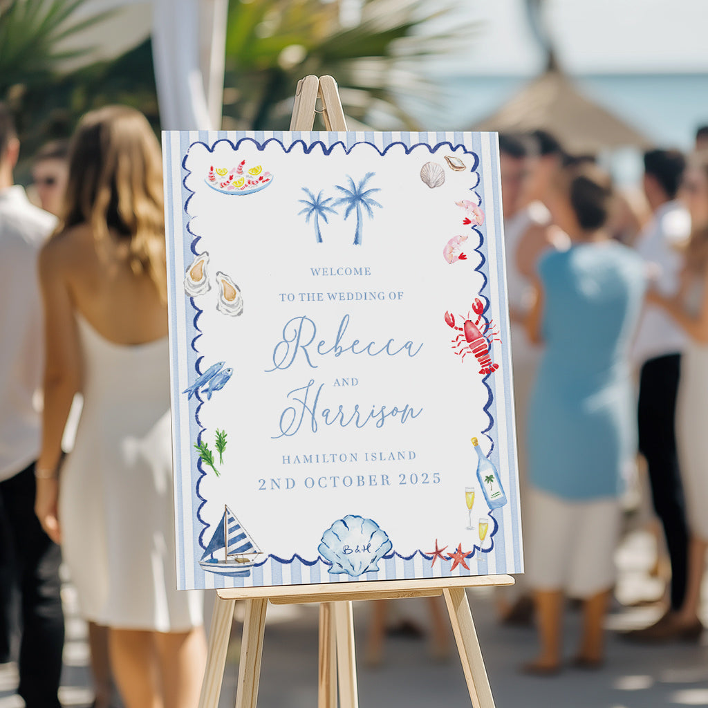Custom welcome sign for coastal wedding. Blue stripes with lobster and seafood illustrations