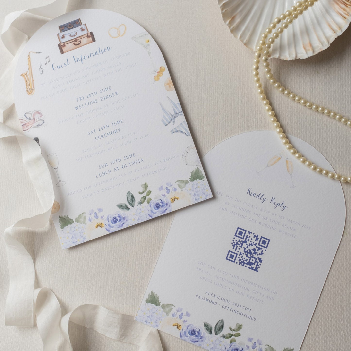 Coastal wedding guest information and RSVP card with QR code