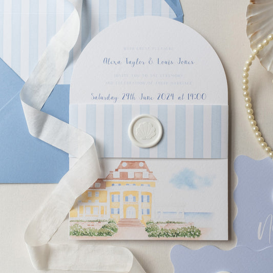 Arched coastal wedding invitation with belly band and wax seal