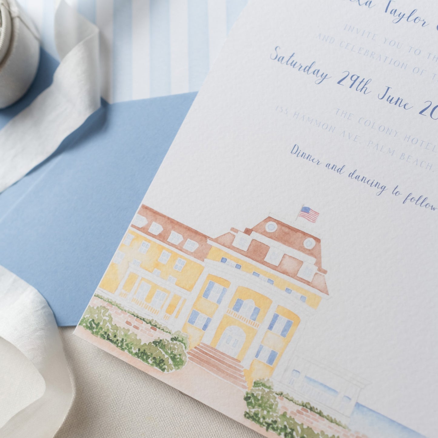 Custom watercolour venue illustration for coastal wedding invitation