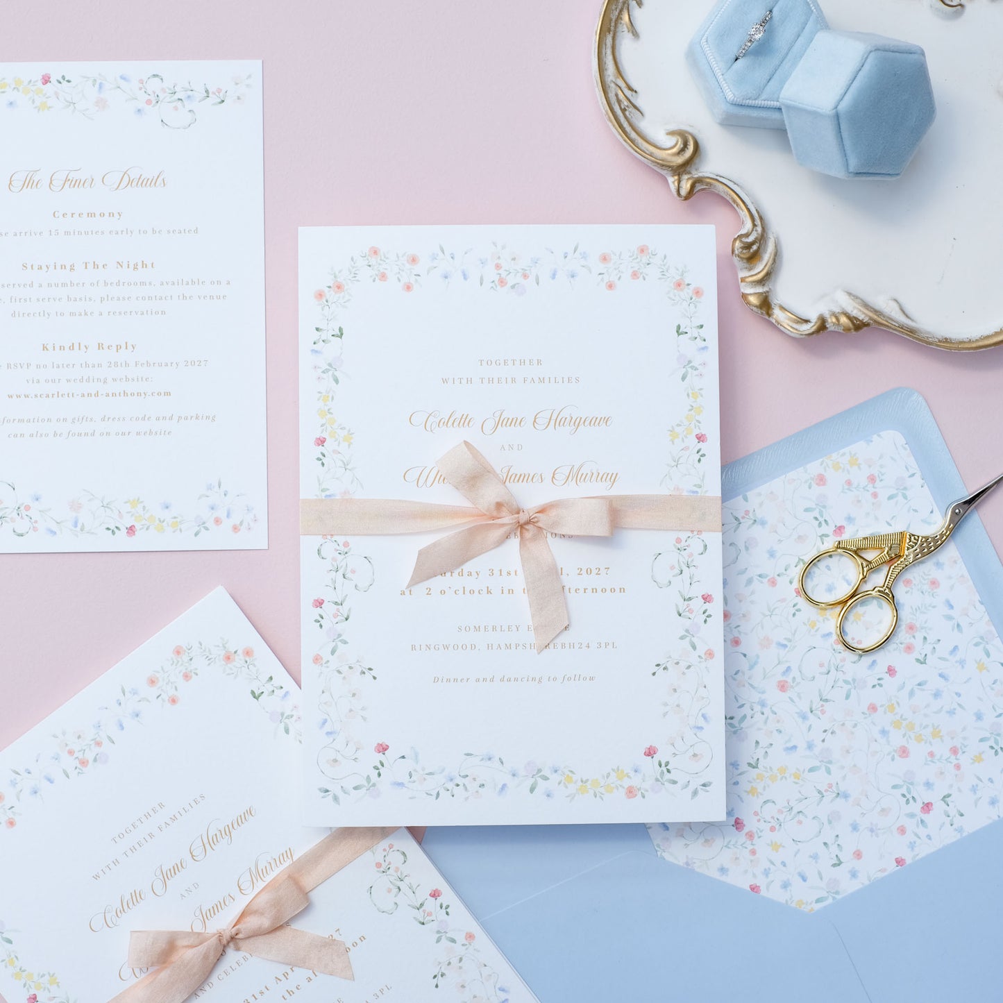 vintage style floral wedding invitation with elegant floral border