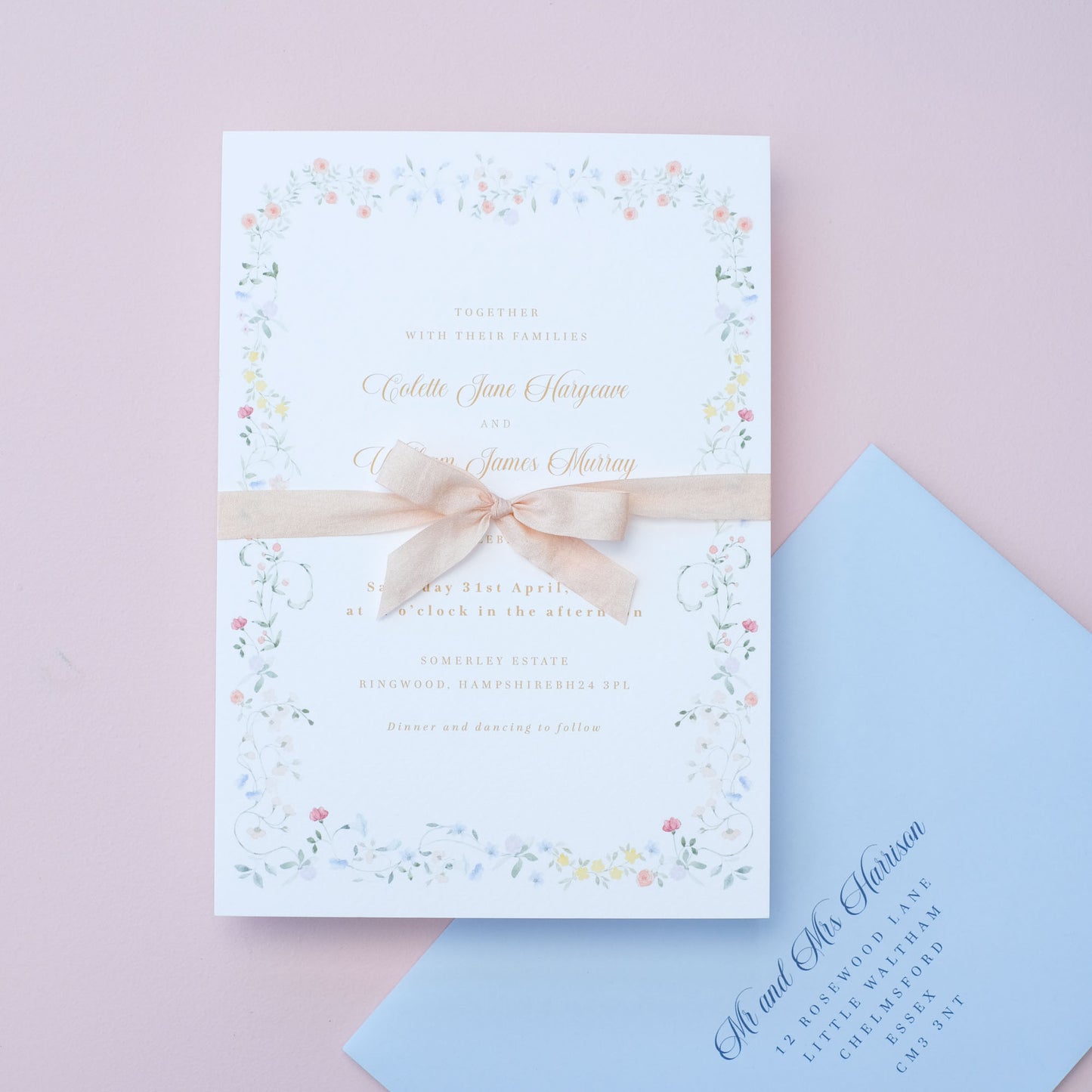 vintage style floral wedding invitation with elegant floral border