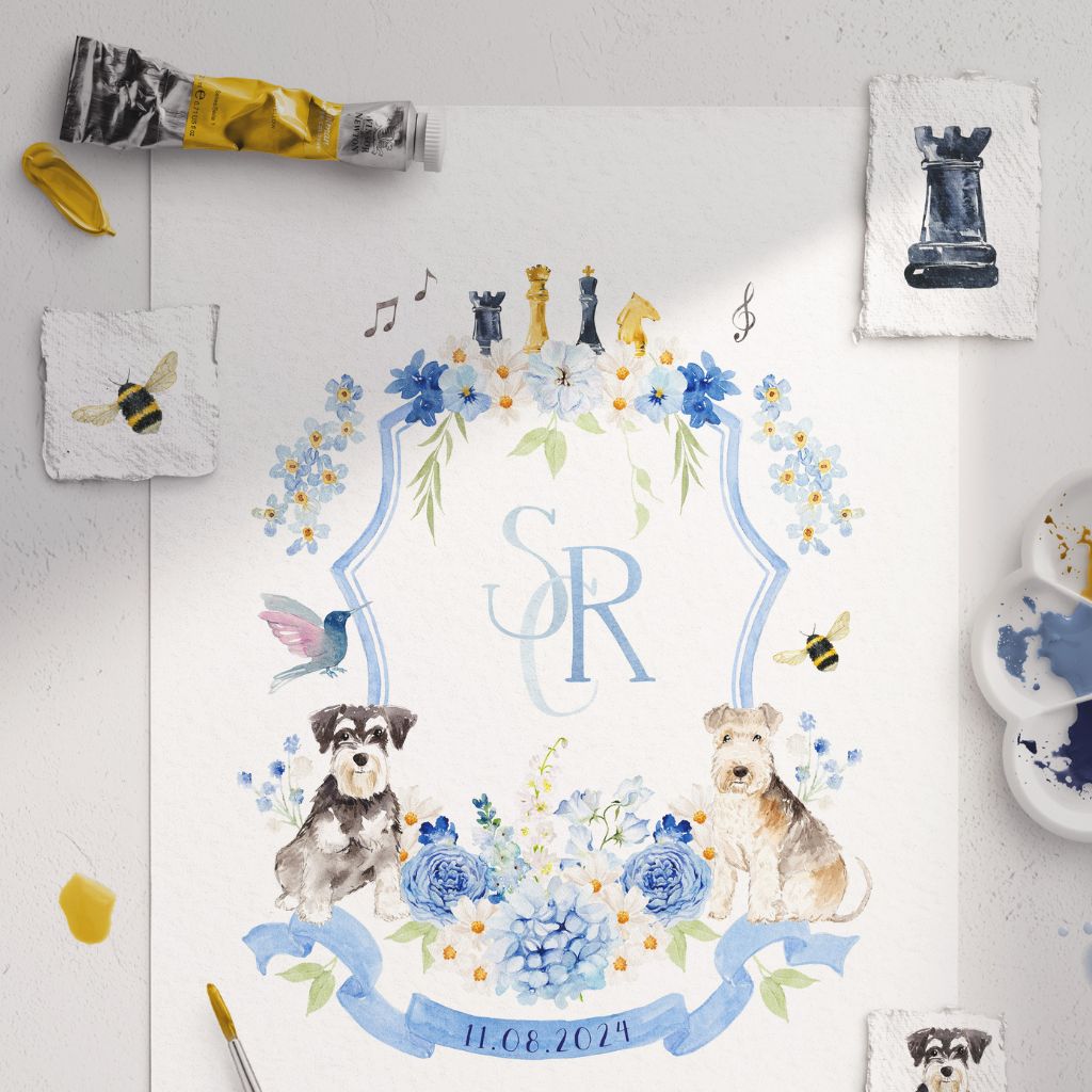 Custom watercolour wedding crest with dogs