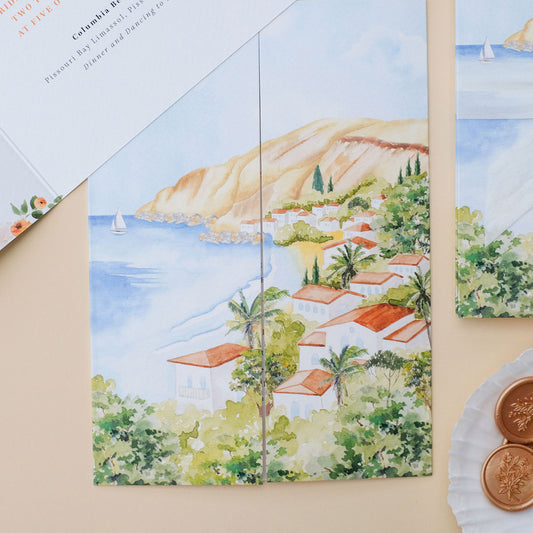 Folded wedding invitation for Cyprus destination wedding