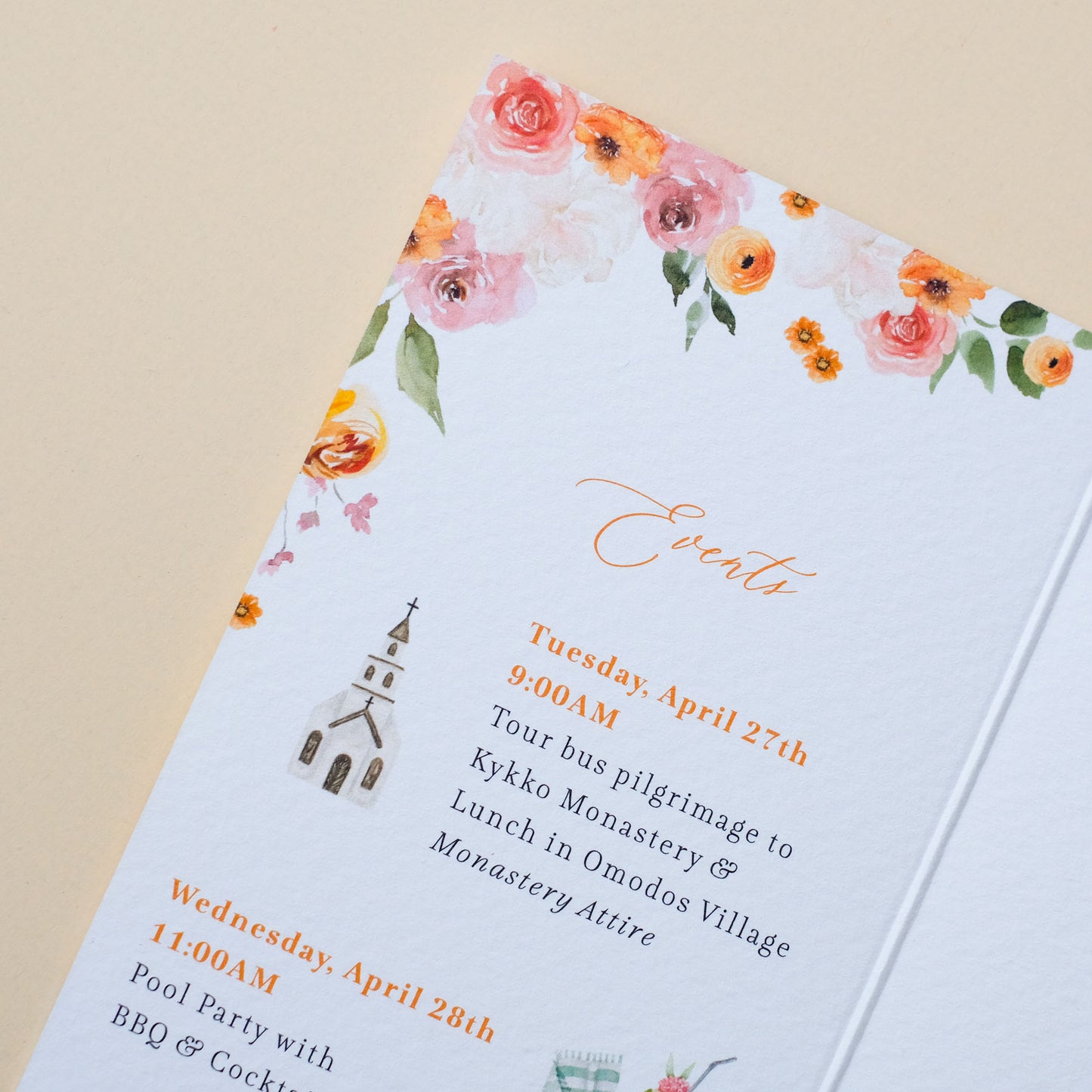 Folded wedding invitation for Cyprus destination wedding