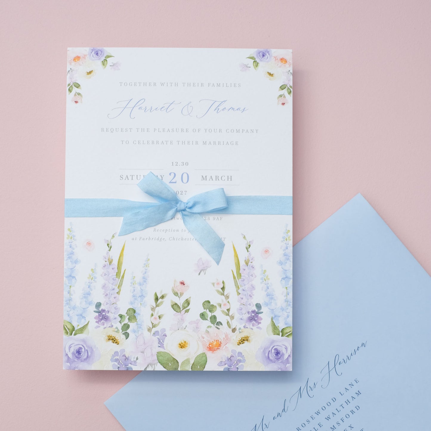 delphinium wedding invitations with ribbon