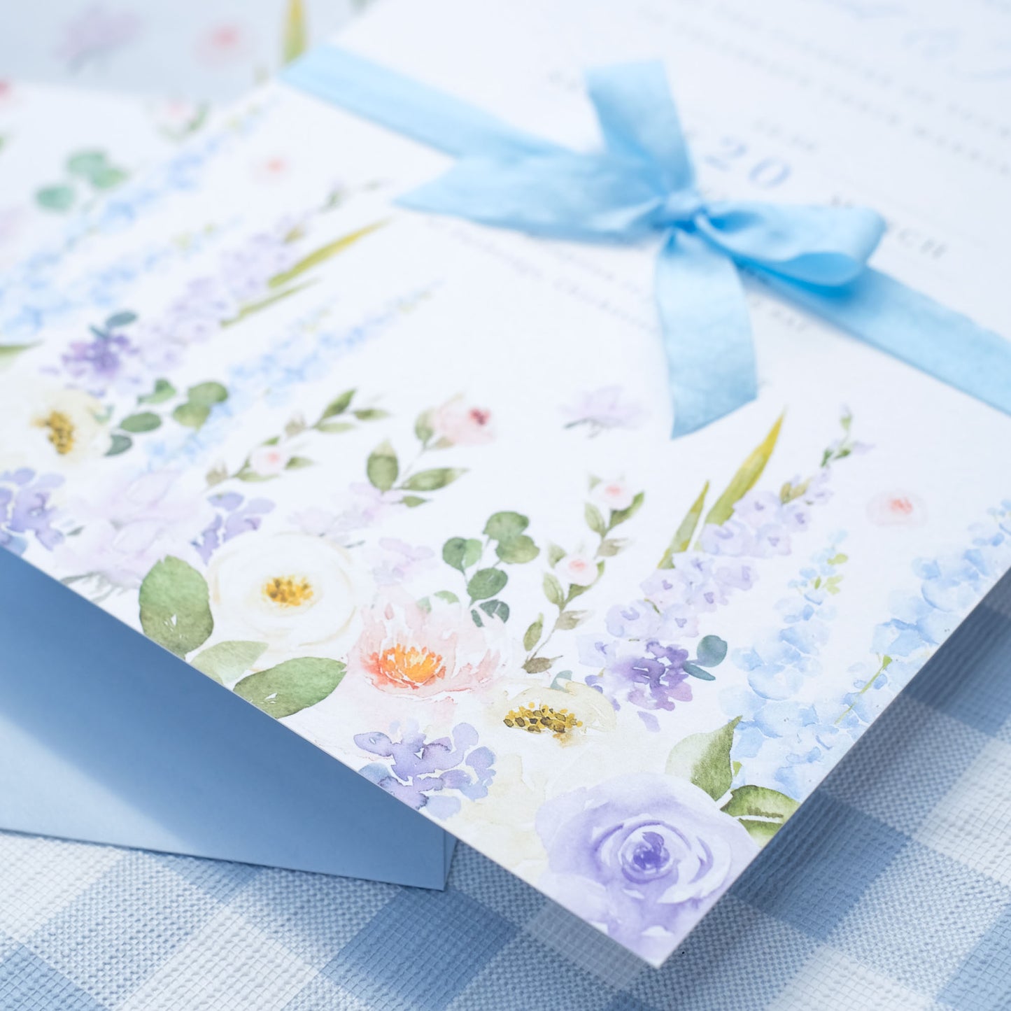 delphinium wedding invitations with ribbon