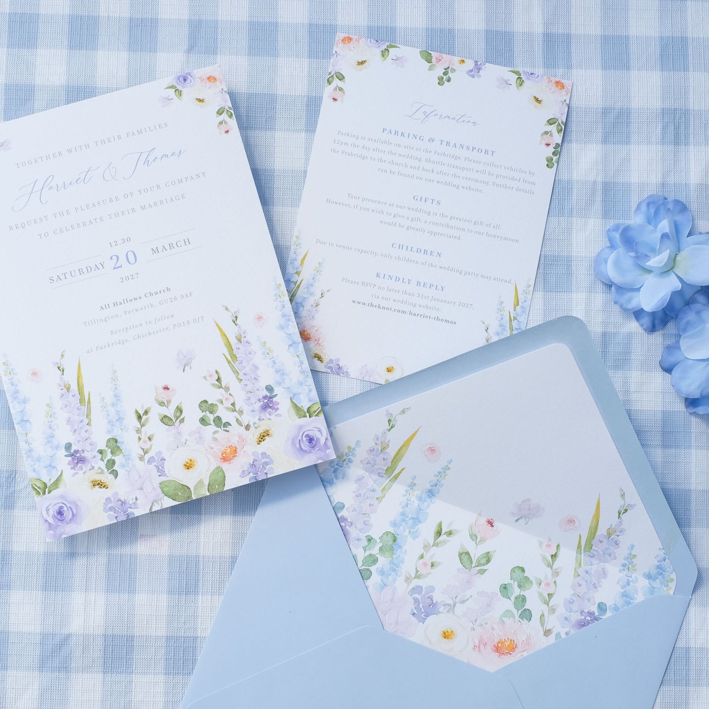 delphinium wedding invitations with ribbon