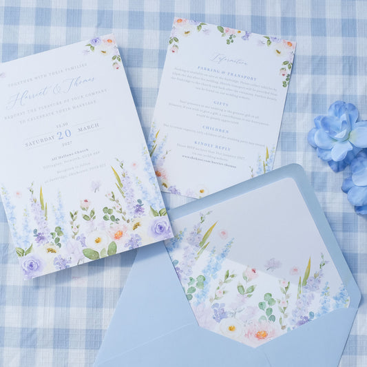 delphinium wedding invitations with ribbon