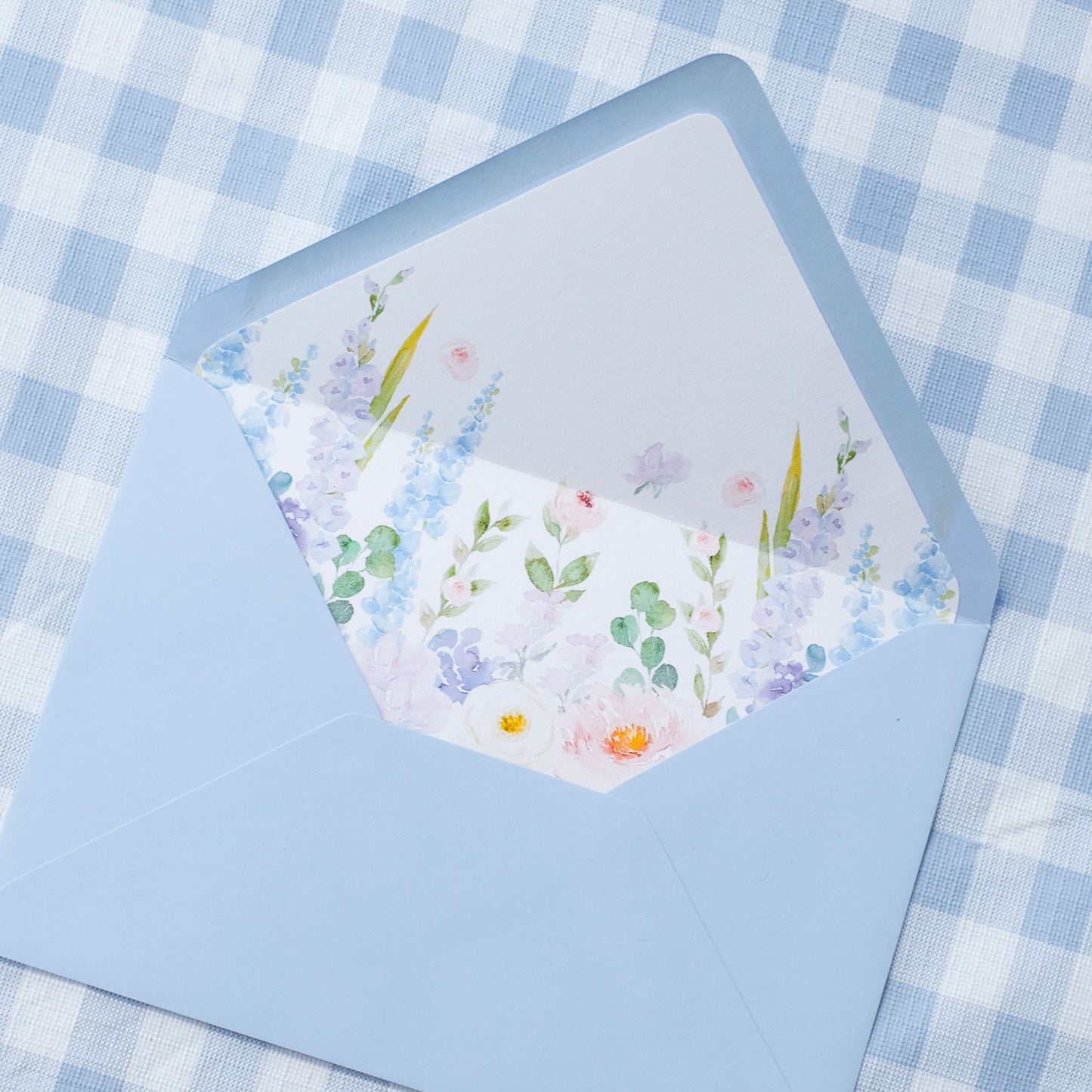 envelope liner with delphiniums