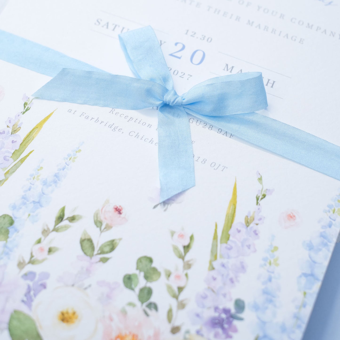 delphinium wedding invitations with ribbon