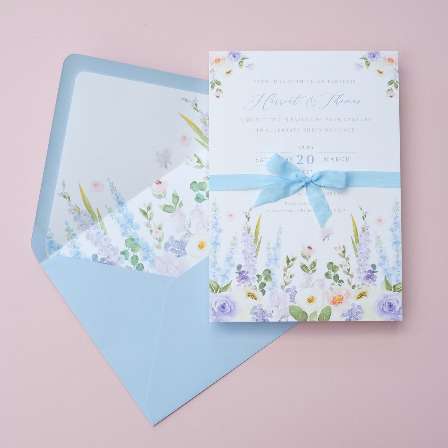 delphinium wedding invitations with ribbon and 