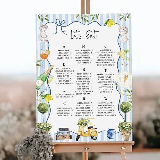 Illustrated table plan with watercolour border, for an Italian destination wedding